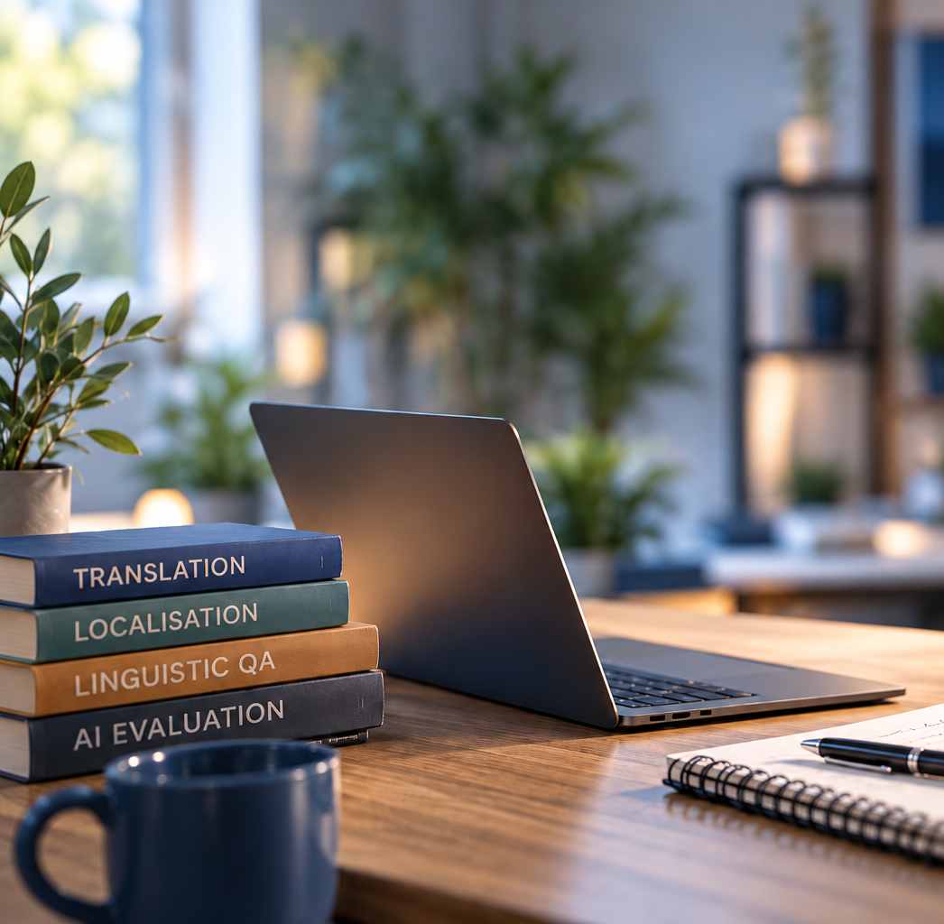 Espacio de trabajo de un profesional de la lingüística, con libros sobre traducción, localización, control de calidad lingüística y evaluación de IA, junto a un ordenador portátil, auriculares y un cuaderno.