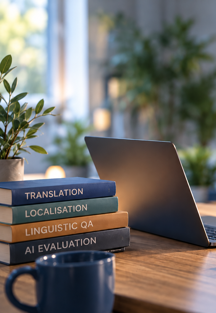 Espacio de trabajo de un profesional de la lingüística, con libros sobre traducción, localización, control de calidad lingüística y evaluación de IA, junto a un ordenador portátil, auriculares y un cuaderno.