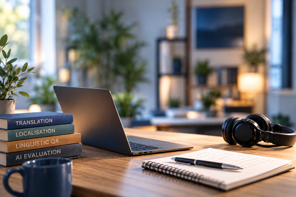 Espacio de trabajo de un profesional de la lingüística, con libros sobre traducción, localización, control de calidad lingüística y evaluación de IA, junto a un ordenador portátil, auriculares y un cuaderno.