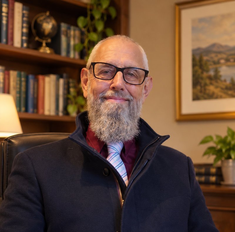 Shaun T. Richards, linguist and AI evaluator, smiling in a warmly lit study.